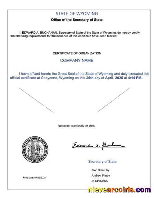 USA Wyoming certificate of organization